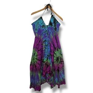 Kirat Tie Dye Rayon Dress OS Blue Pixie Fairy Halter Embroider Handkerchief Boho